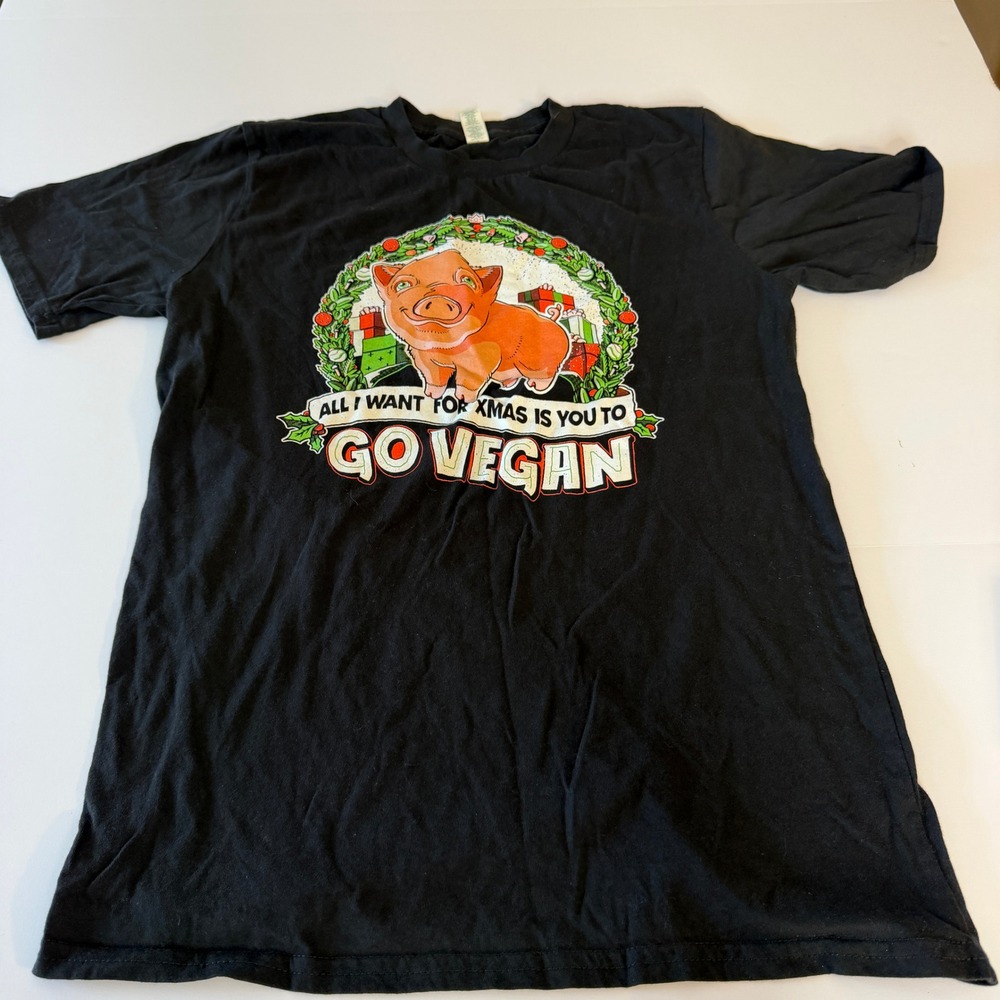 Royal Apparel Go Vegan Christmas Pig Organic Cotton Graphic T-Shirt Black Small